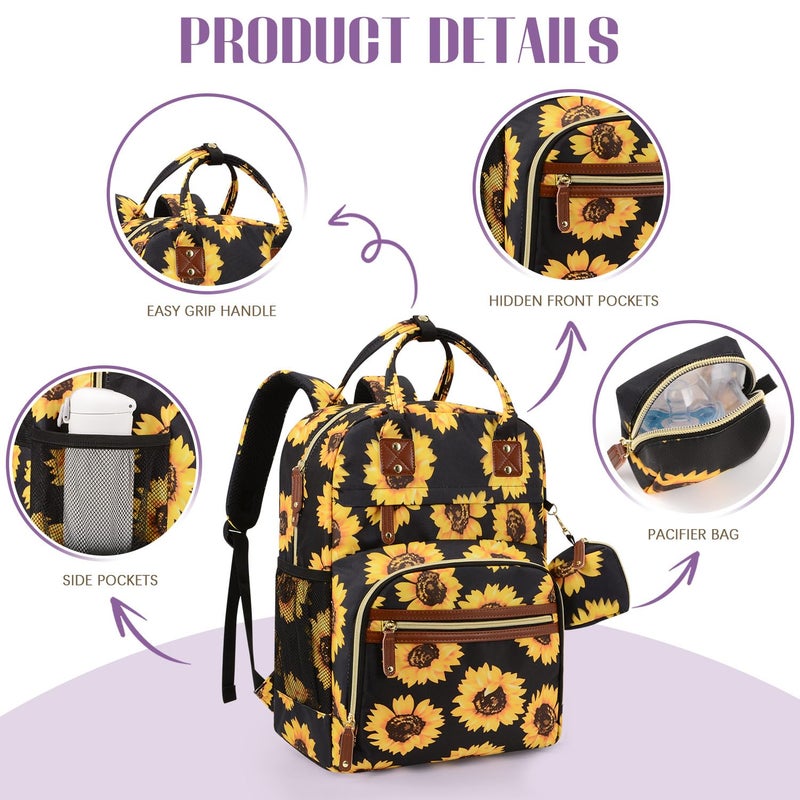 Tuwubi Diaper Bag Backpack, Baby Essentials Travel Tote Bag, Multi function Waterproof Backpacks, Travel Essentials with Stroller Straps & Pacifier Case - Sunflower - Image 4